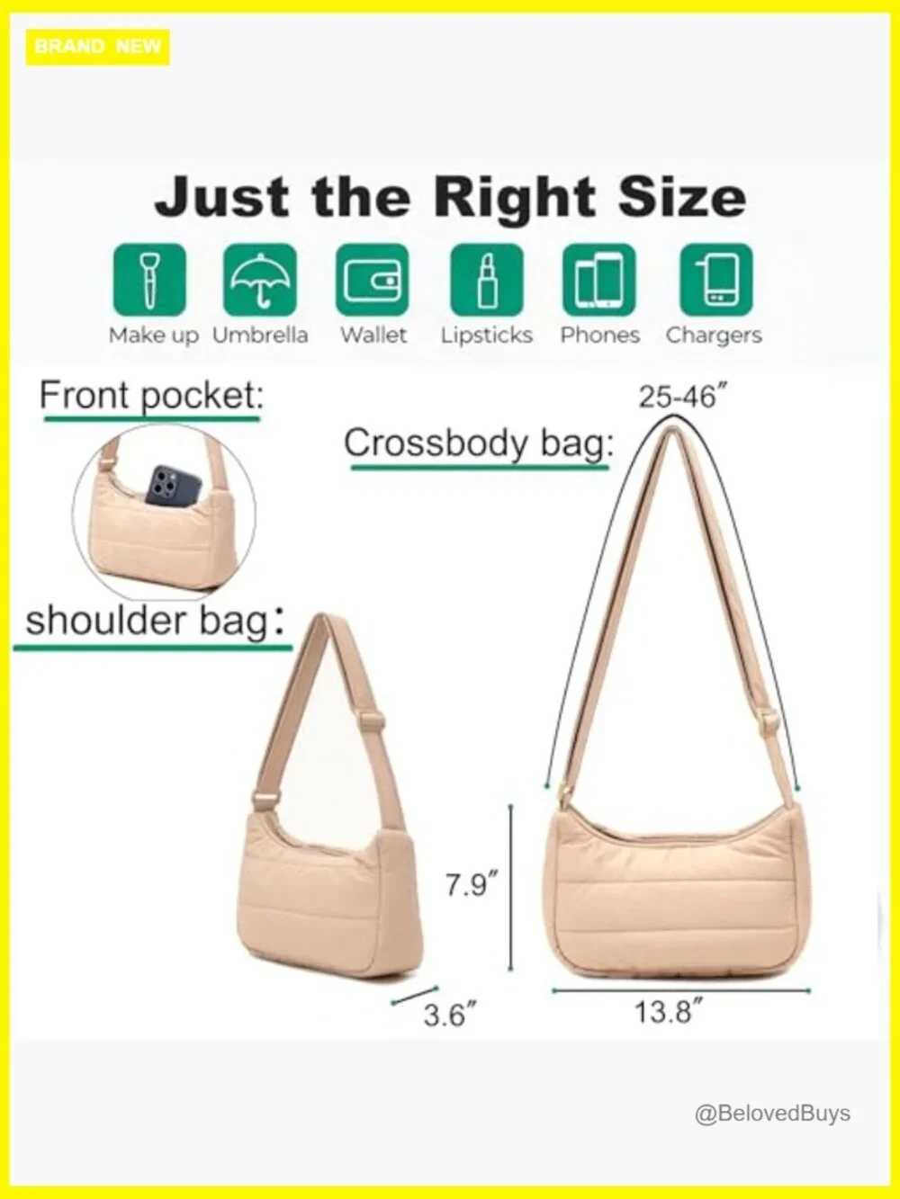 Quilted Puffy Crescent Hobo Crossbody Bag Adjustable Strap